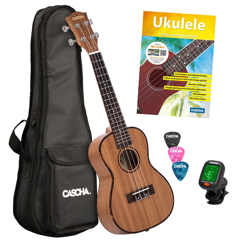 Foto van Cascha hh 2036 de premium mahogany concert ukelele set (duits)