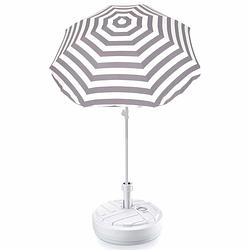 Foto van Grijs gestreepte strand/tuin basic parasol van nylon 180 cm + parasolvoet wit - parasols