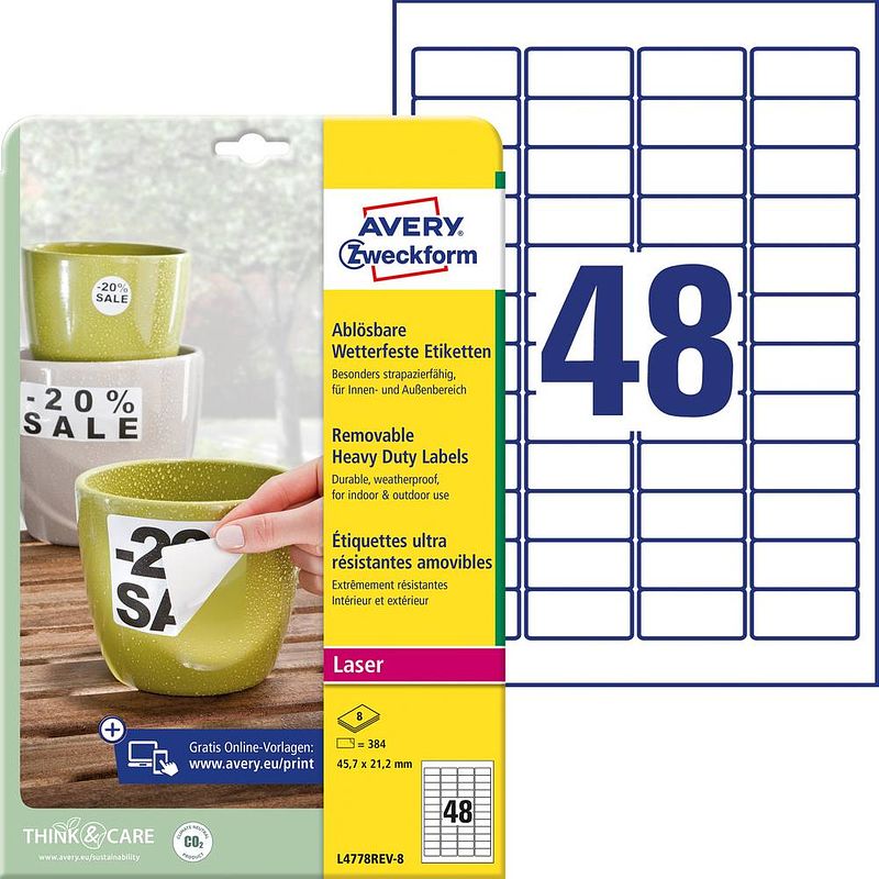 Foto van Avery-zweckform l4778rev-8 etiketten 45.7 x 21.2 mm polyester folie wit 384 stuk(s) weer verwijderbaar adresetiketten, weerbestendige etiketten laser, kopie