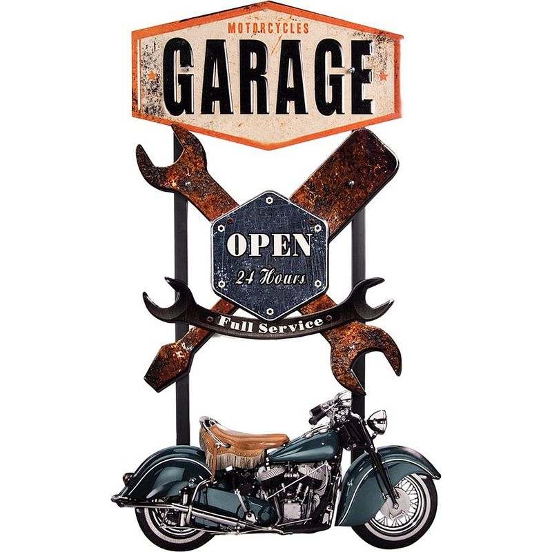 Foto van Clayre & eef wanddecoratie motor 50x84 cm bruin blauw ijzer motorcycles garage muurdecoratie wandversiering tekstbord