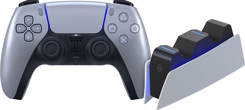 Foto van Sony playstation 5 dualsense draadloze controller sterlingsilver + bluebuilt oplaadstation