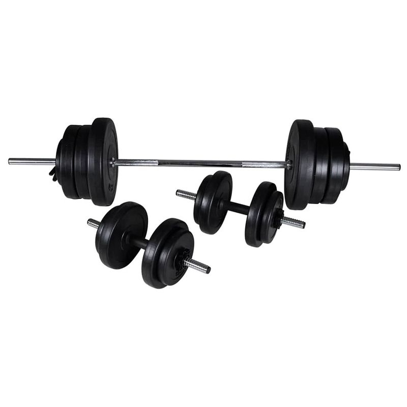 Foto van The living store halterset - ergonomisch ontworpen - 1 barbell - 2 dumbbells - 16 gewichtsschijven