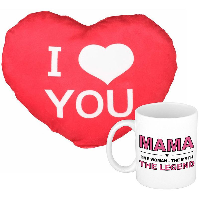 Foto van Mama the legend mok/beker 300 ml wit incl. sierkussentje hart vorm 15 cm - feest mokken