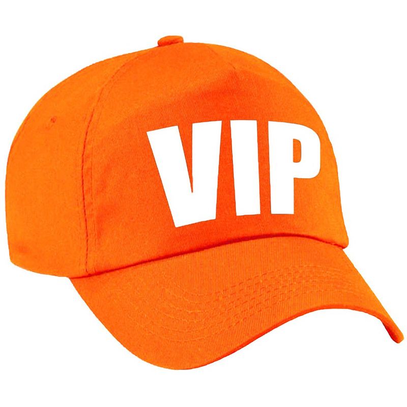 Foto van Vip pet / cap oranje met witte letters voor dames en heren - verkleedhoofddeksels