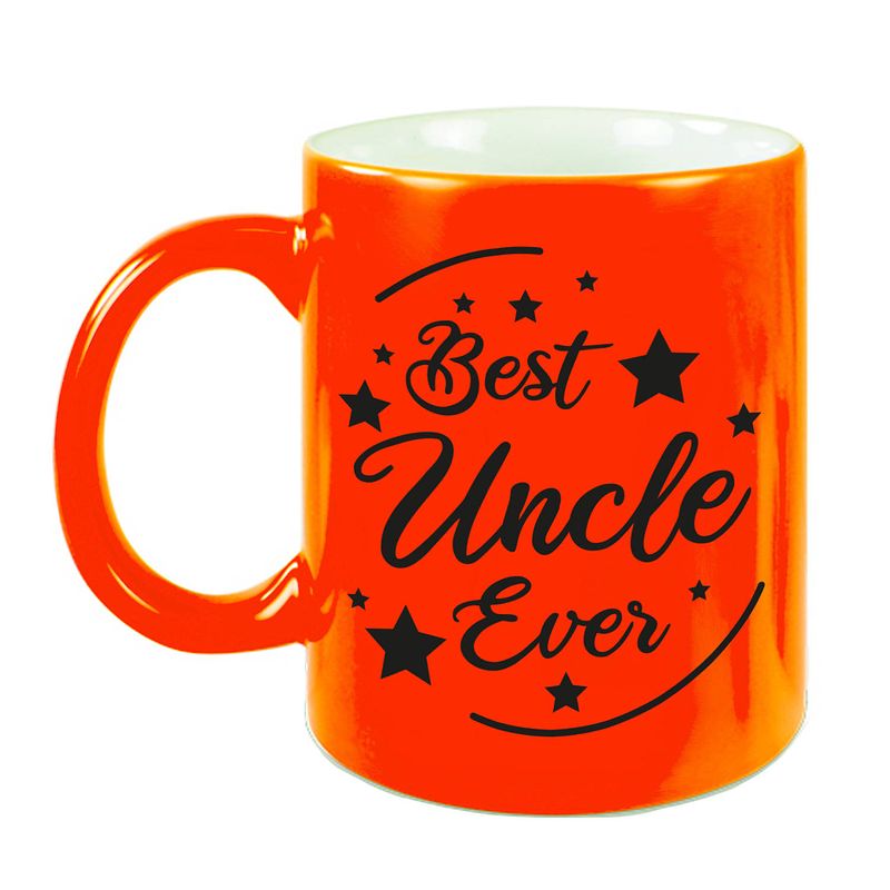 Foto van Best uncle ever cadeau koffiemok / theebeker neon oranje 330 ml - feest mokken