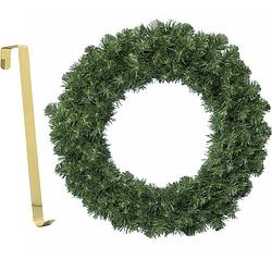 Foto van Kerstkrans groen 35 cm kunststof incl. messing deurhanger - kerstkransen