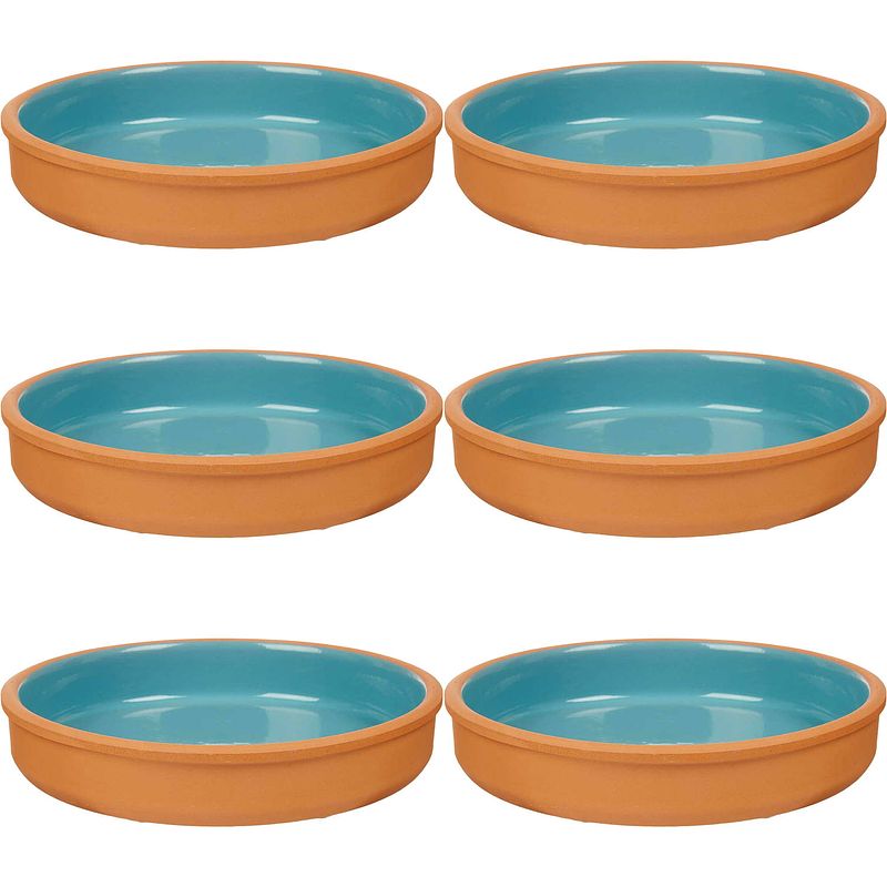 Foto van 6x stuks tapas/hapjes serveren/oven schaal terracotta/blauw 23 x 4 cm - snack en tapasschalen