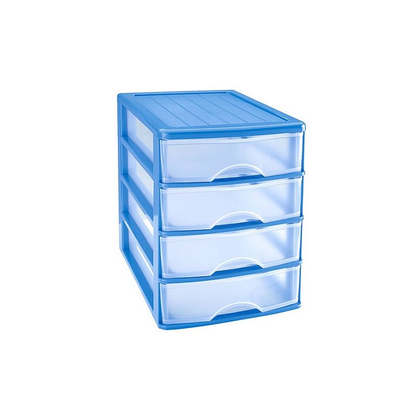 Foto van Ladeblok/bureau organizer met 4 lades blauw/transparant l 35,5 x b 27 x h 35 cm - ladeblok