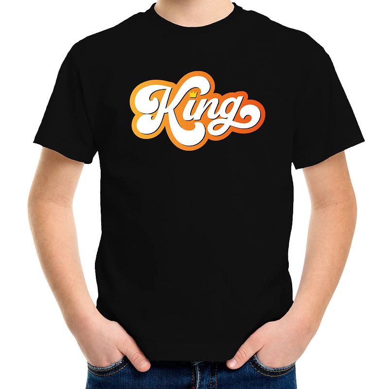 Foto van Koningsdag shirt zwart voor kinderen/ jongens - king met kroon l (146-152) - feestshirts