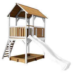 Foto van Axi pumba speelhuis op palen & witte glijbaan speelhuisje voor de tuin / buiten in bruin & wit van fsc hout