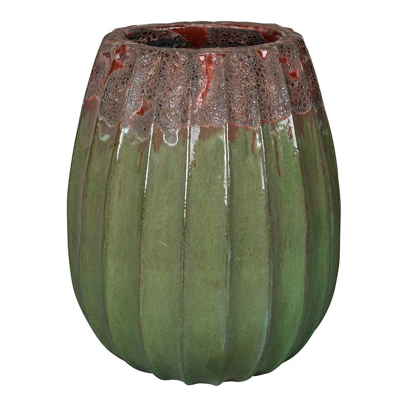 Foto van Ptmd lionne green ceramic pot ribbed bulb round l