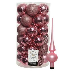 Foto van 37x stuks kunststof kerstballen 6 cm incl. matte glazen piek lippenstift roze - kerstbal