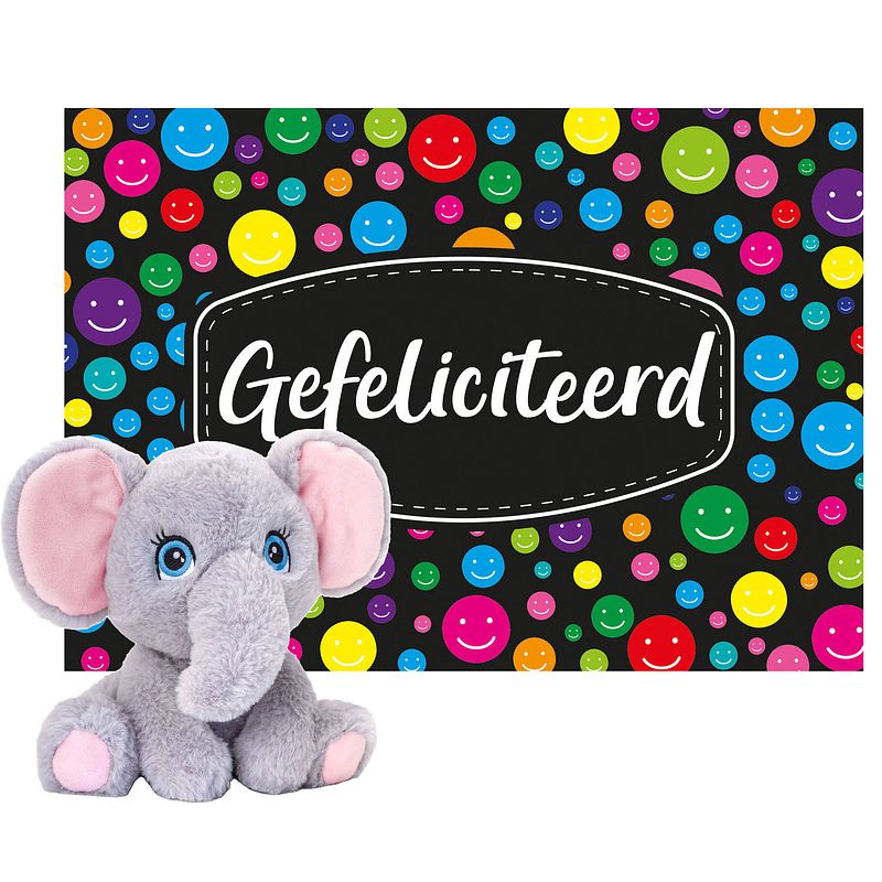 Foto van Keel toys - cadeaukaart gefeliciteerd met knuffeldier olifant 25 cm - knuffeldier