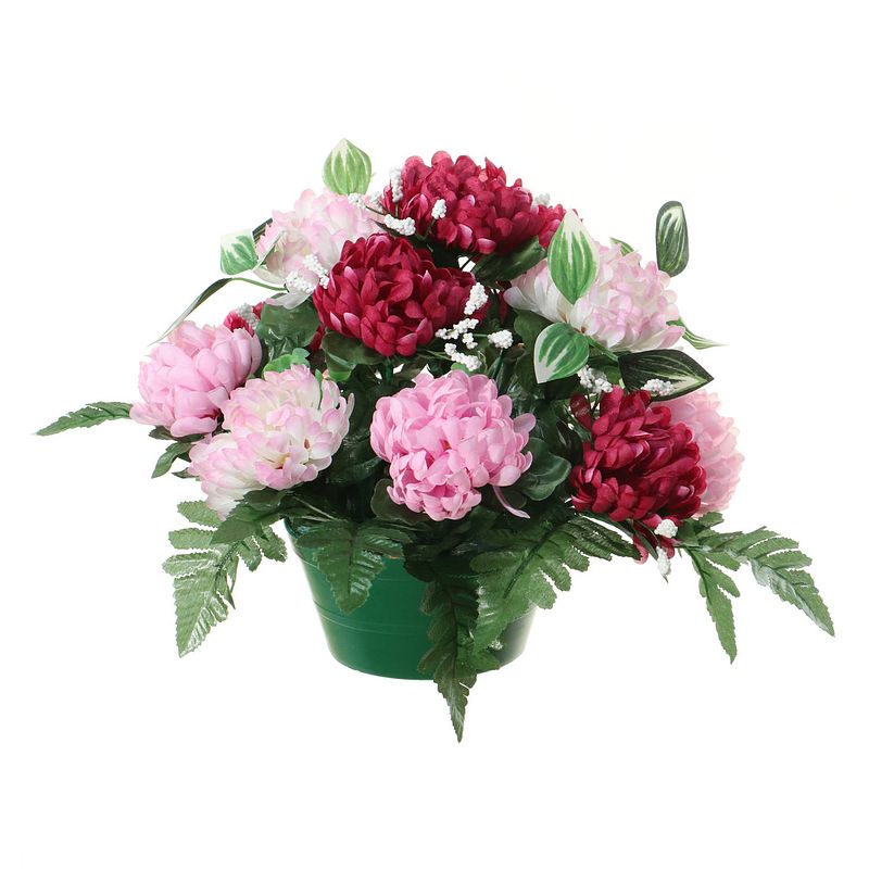 Foto van Louis maes kunstbloemen in pot - cerise/roze - d30 x h24 cm - bloemstuk ornament - crysanten met bladgroen - kunstbloeme