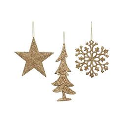 Foto van Kerst figuren plastic 3ass star- snowflake- tree camel bruin l0.80-w10.50-h10.50cm