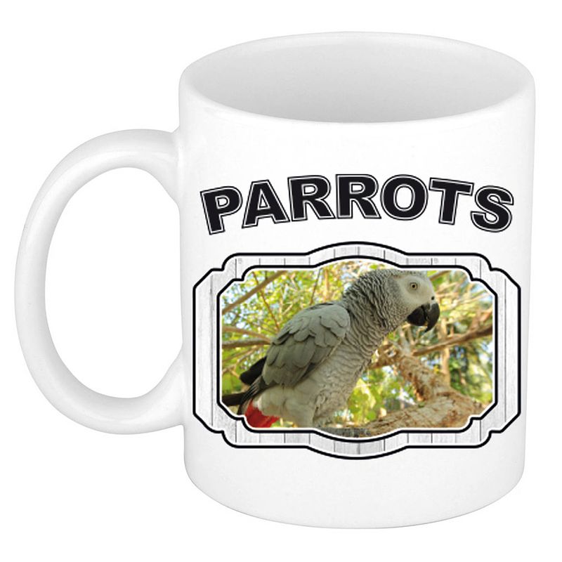 Foto van Dieren grijze papegaai beker - parrots/ papegaaien mok wit 300 ml - feest mokken