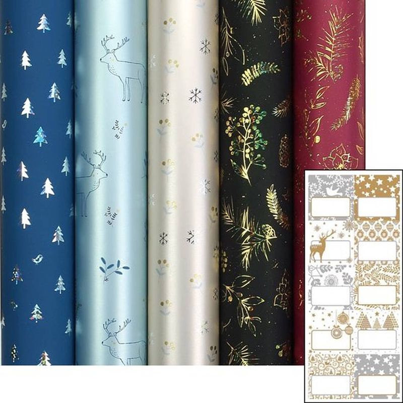 Foto van Alaska - metallic kerstpapier assortiment cadeaupapier inpakpapier - 150 x 70 cm - 5 rollen - inclusief labels