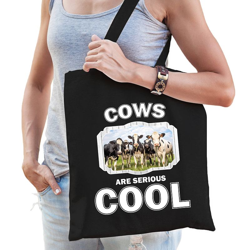 Foto van Katoenen tasje cows are serious cool zwart - kudde nederlandse koeien/ koe cadeau tas - feest boodschappentassen