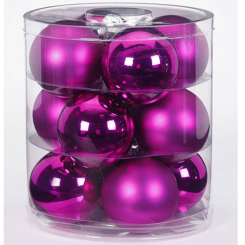 Foto van Tube met 12 fuchsia kerstballen van glas 8 cm glans en mat - kerstbal