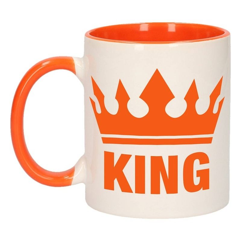 Foto van 1x koningsdag king beker / mok - oranje met wit - 300 ml keramiek - oranje bekers