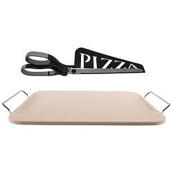 Foto van Pizzasteen rechthoekig 30 x 38 cm met handvaten en zwarte pizzaschaar - pizzaplaten