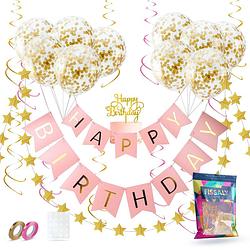 Foto van Fissaly® verjaardag slinger roze & goud met papieren confetti ballonnen - decoratie - happy birthday - letterslinger