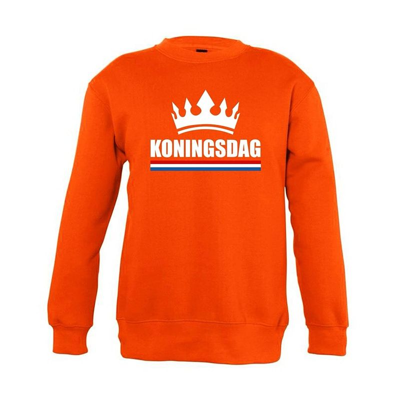 Foto van Oranje koningsdag met kroon sweater kinderen - oranje koningsdag kleding 7-8 jaar (122/128)