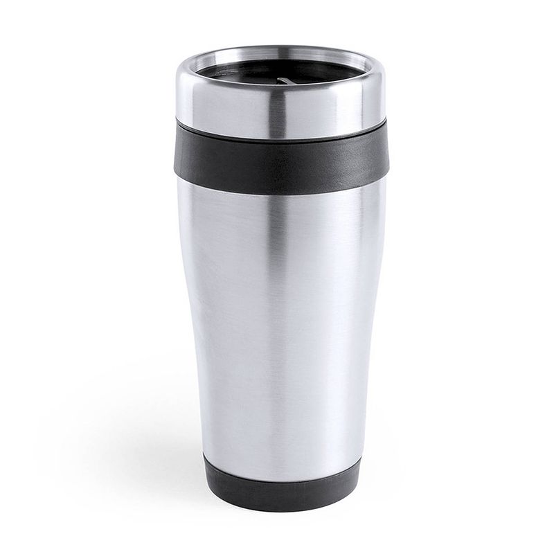 Foto van Warmhoudbeker/thermos isoleer koffiebeker/mok - rvs - zilver/zwart - 450 ml - thermosbeker