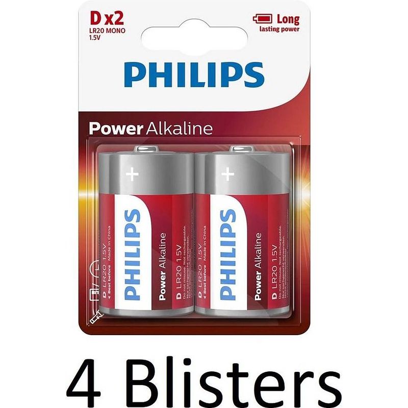 Foto van 8 stuks (4 blisters a 2 st) philips power alkaline d batterijen