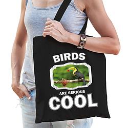 Foto van Katoenen tasje birds are serious cool zwart - toekans/ toekan cadeau tas - feest boodschappentassen