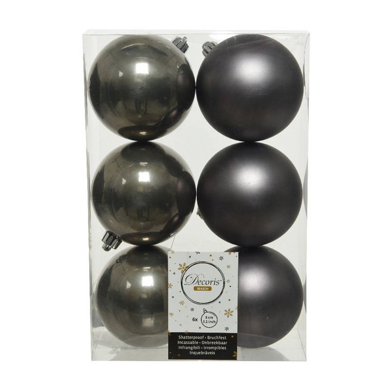 Foto van 6x stuks kunststof kerstballen antraciet (warm grey) 8 cm glans/mat - kerstbal