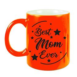 Foto van Best mom ever cadeau koffiemok / theebeker neon oranje 330 ml - feest mokken