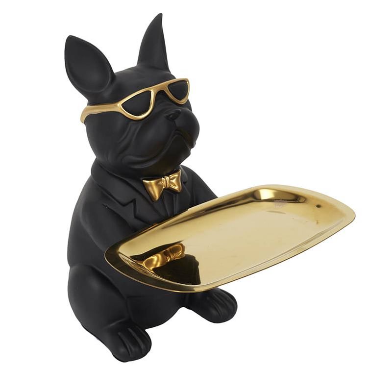 Foto van Casa di elturo beeld bulldog zwart met goudkleurige dienblad - h21 cm