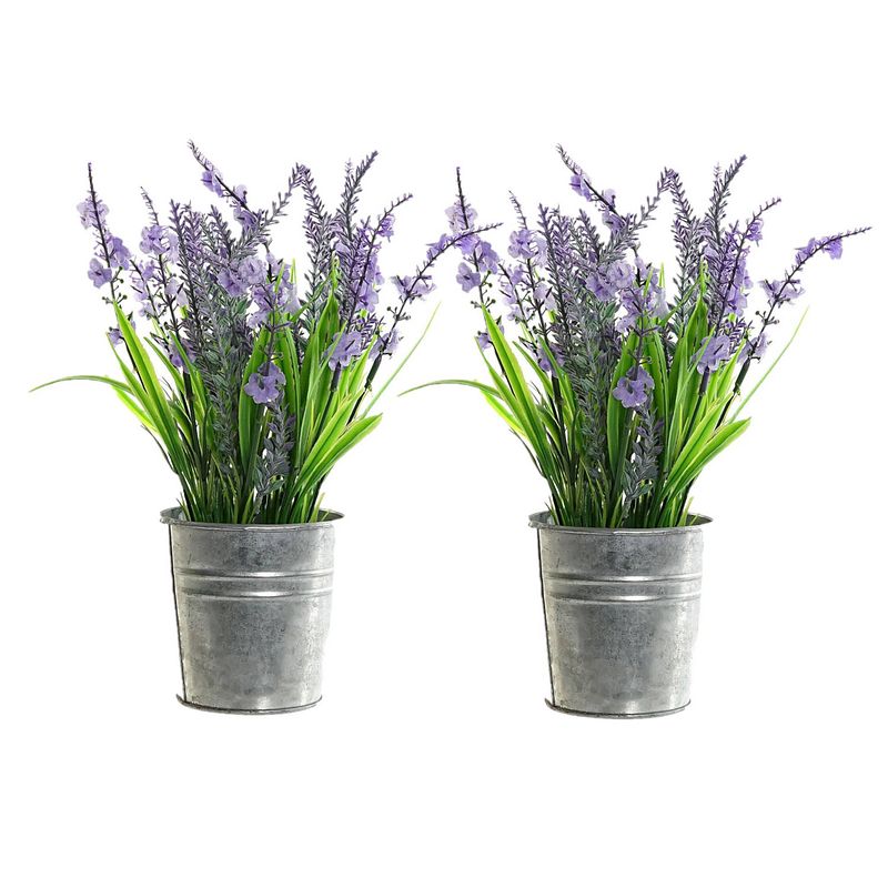 Foto van 2x stuks lavendel kunstplanten/kamerplanten paars in grijze sierpot h28 cm x d18 cm - kunstplanten