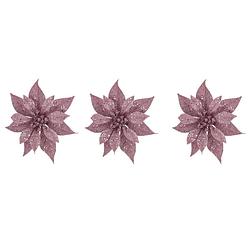 Foto van 3x stuks decoratie bloemen kerstster roze glitter op clip 18 cm - kersthangers