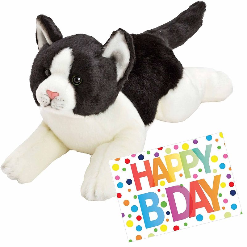 Foto van Pluche knuffel zwart/witte kat/poes 33 met a5-size happy birthday wenskaart - knuffel huisdieren