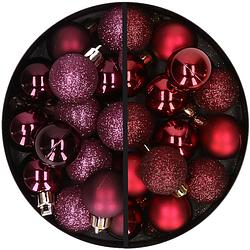 Foto van 34x stuks kunststof kerstballen aubergine paars en donkerrood 3 cm - kerstbal