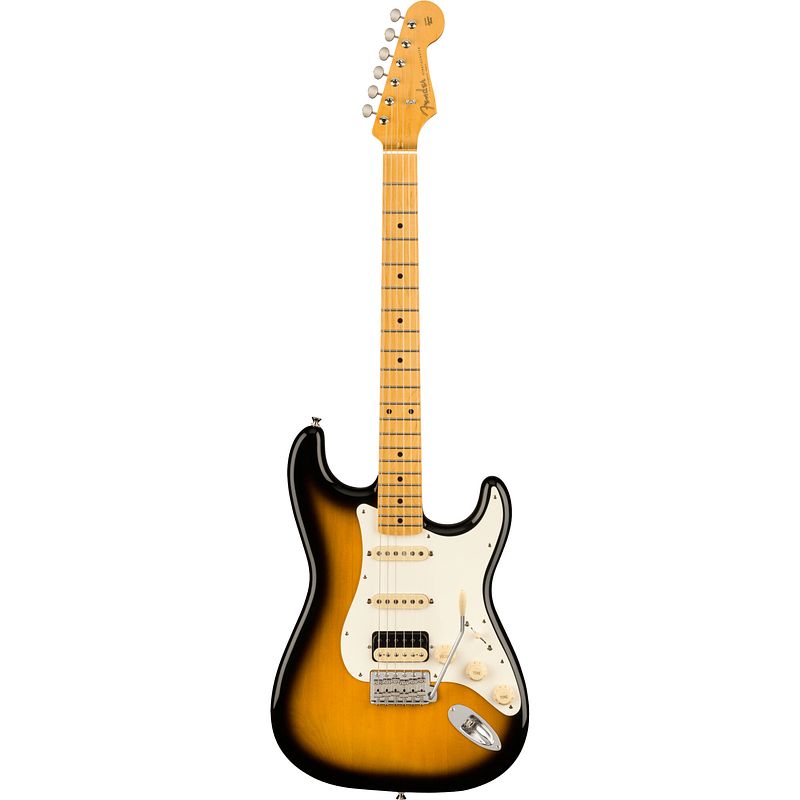 Foto van Fender japan jv modified 's50s stratocaster hss mn 2-color sunburst elektrische gitaar met deluxe gigbag