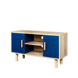 Foto van Lila tv cabinet - 2 deuren - blauwe melamine -decor - solid houten voeten - l90 x d35 x h55 cm