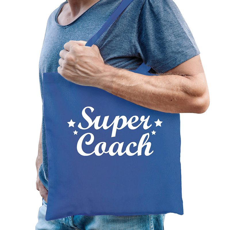 Foto van Cadeau tas voor coach/trainer - blauw - katoen - 42 x 38 cm - super coach - feest boodschappentassen