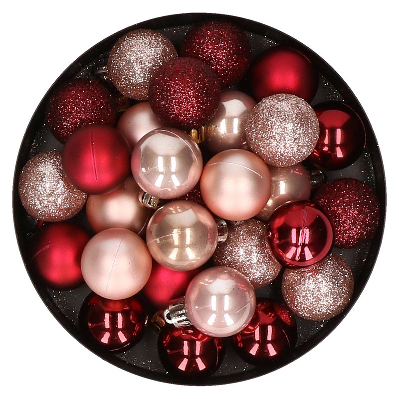 Foto van 28x stuks kunststof kerstballen donkerrood en lichtroze mix 3 cm - kerstbal