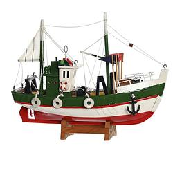 Foto van Items vissersboot schaalmodel - hout - 23 x 7 x 18 cm - maritieme boten decoraties voor binnen - beeldjes