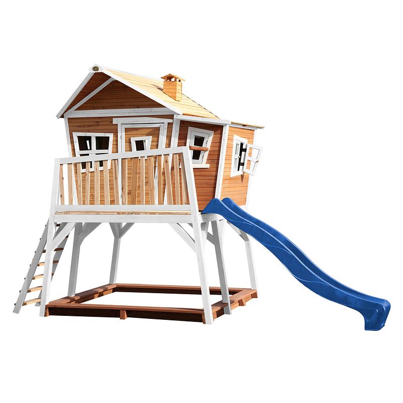 Foto van Axi max speelhuis op palen, zandbak & blauwe glijbaan speelhuisje voor de tuin / buiten in bruin & wit van fsc hout