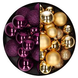 Foto van Decoris kerstballen 60x - mix goud/paars - 4-5-6 cm - kunststof - kerstbal