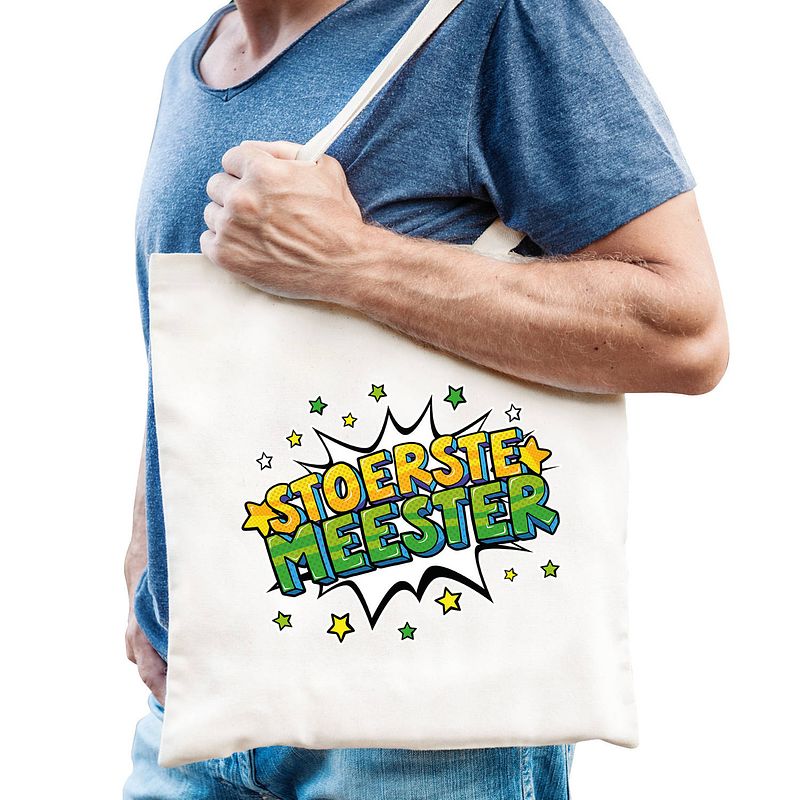 Foto van Stoerste meester popart katoenen tas wit voor heren - feest boodschappentassen