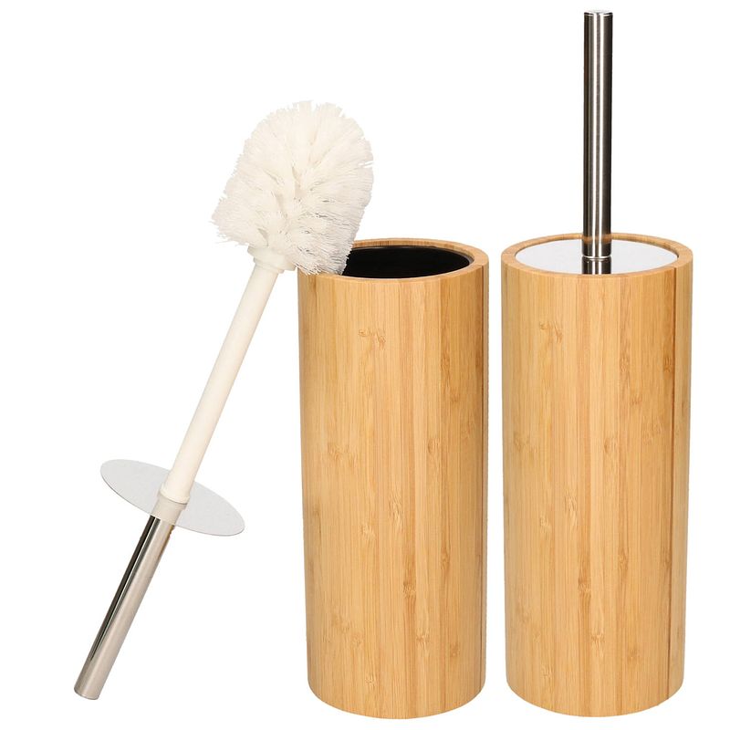 Foto van Set van 2x stuks toiletborstel bruin met houder van bamboe 37 cm - toiletborstels