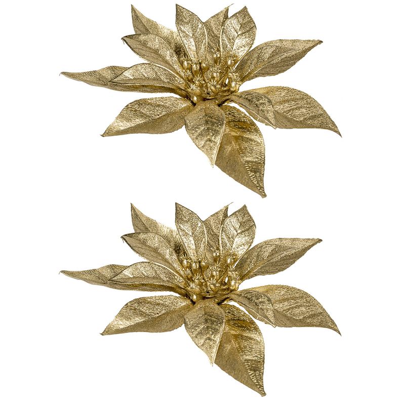 Foto van 3x stuks decoratie bloemen kerstster goud glitter op clip 18 cm - kersthangers