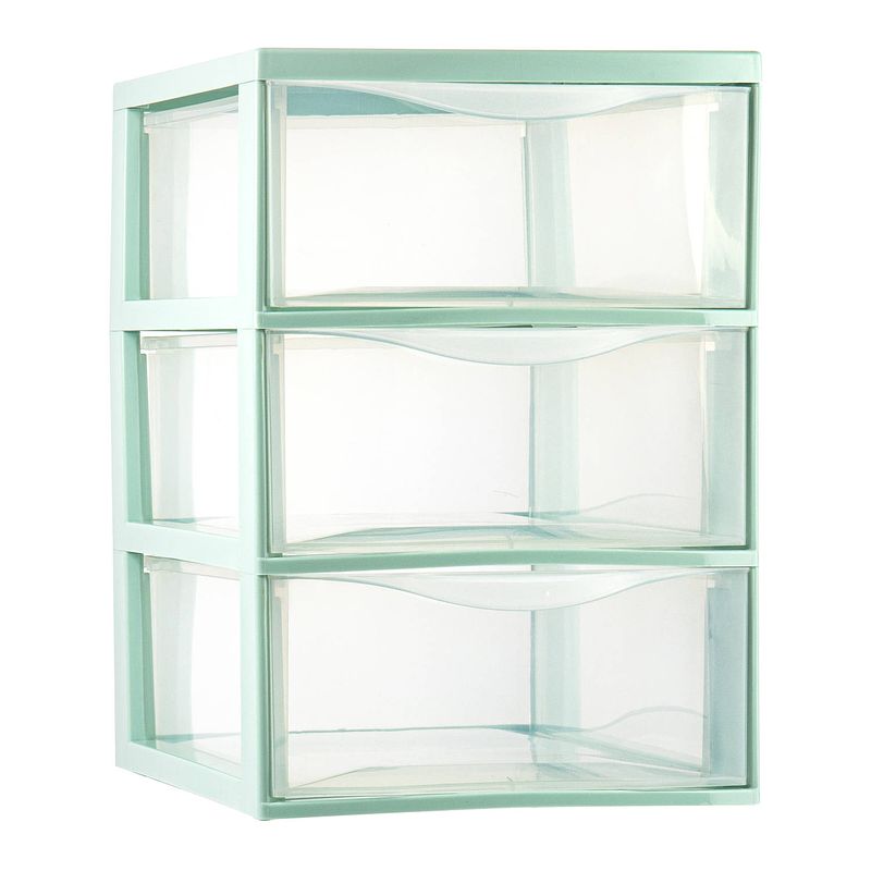 Foto van Plasticforte ladeblokje/bureau organizer 3x lades - transparant/lichtgroen - l26 x b37 x h37 cm - ladeblok