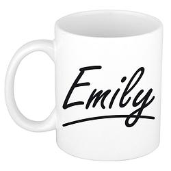 Foto van Naam cadeau mok / beker emily met sierlijke letters 300 ml - naam mokken