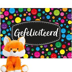 Foto van Keel toys oranje pluche vos knuffel 14 cm met gefeliciteerd a5 wenskaart - knuffel bosdieren